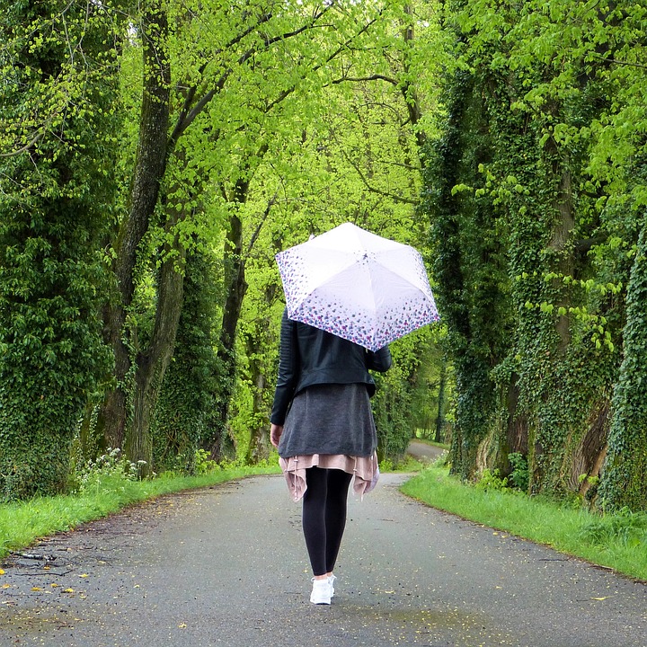 woman with umbrella walking away